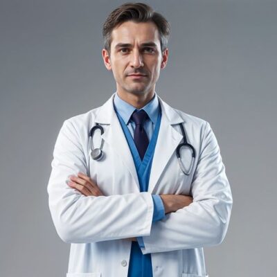A male doctor with a stethoscope on his neck A male doctor with a stethoscope on his neck